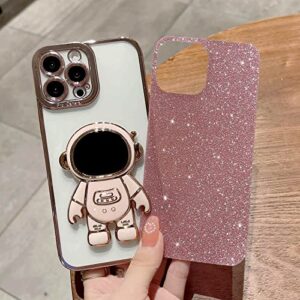 MGQILING Compatible for iPhone 12 Pro Max 6.7 Inch Bling Plating Astronaut Hidden Stand Case, Cute 6D Stand Glitter Phone Case for Women Girls Soft TPU Shockproof Back Cover - Pink