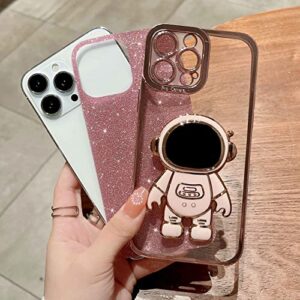 MGQILING Compatible for iPhone 12 Pro Max 6.7 Inch Bling Plating Astronaut Hidden Stand Case, Cute 6D Stand Glitter Phone Case for Women Girls Soft TPU Shockproof Back Cover - Pink