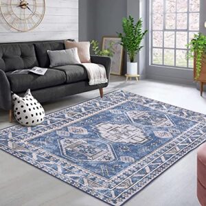 cozyloom vintage area rug, blue accent floral distressed machine washable area rug for indoor living room, bedroom, entryway 8x10 feet