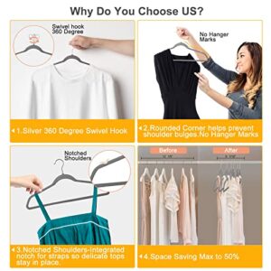 Lrophyte Velvet Hangers,Standard Hangers,Slim, Durable, Non-Slip Space Saving Clothes Hangers with 360 Degree Chrome Swivel Hook Suit Clothes Hangers,Coat Hangers (Gray/Silver, 50)