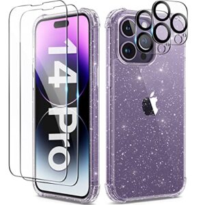 berfy for iphone 14 pro case glitter clear, with 2x screen protector + 2x camera lens protector, [non-yellowing] [military grade protection] cute bling shockproof phone case 6.1 inch, shiny clear