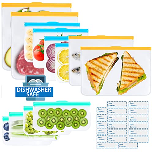 Dishwasher Safe Reusable Food Storage Silicone BPA-Free, 2 Reusable Gallon Freezer Bags, 2 Reusable Sandwich Bags, 4 Reusable Food Storage Bags, 4 Reusable Snack BagsTriple Zip Closures 100% Leakproof (12PCS)