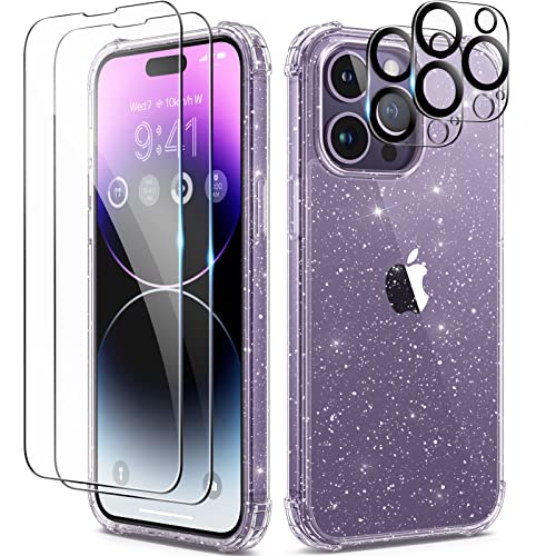 BERFY Glitter Case for iPhone 14 Pro Max, with 2Pcs Screen Protector+2Pcs Camera Protector, [Non-Yellowing] Clear Bling Sparkle Cute Shockproof Phone Case for Women, 6.7 Inch Cover, Glitter Clear