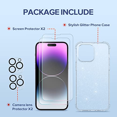 BERFY Glitter Case for iPhone 14 Pro Max, with 2Pcs Screen Protector+2Pcs Camera Protector, [Non-Yellowing] Clear Bling Sparkle Cute Shockproof Phone Case for Women, 6.7 Inch Cover, Glitter Clear