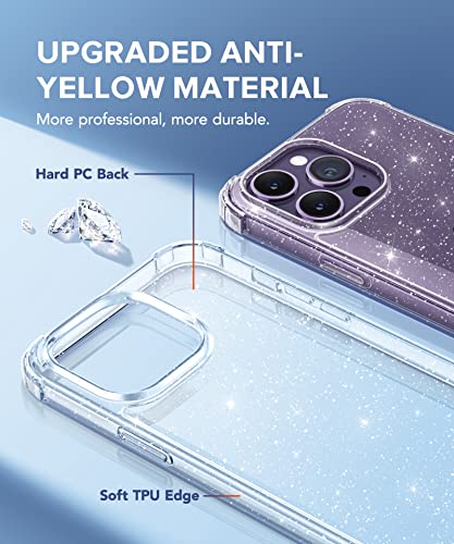 BERFY Glitter Case for iPhone 14 Pro Max, with 2Pcs Screen Protector+2Pcs Camera Protector, [Non-Yellowing] Clear Bling Sparkle Cute Shockproof Phone Case for Women, 6.7 Inch Cover, Glitter Clear