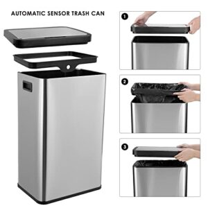 finetones 16 Gallon Trash Can, Motion Sensor Trash Can, Stainless Steel Trash Bin with Lid, Soft Close, Automatic Waste Bin for Kitchen Living Room Office, Silver