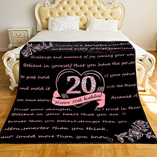 KERAOO Happy 20th Birthday Blanket Gift for Women, 20 Years Old Birthday Ideas Gift for Her, 20th Birthday Christmas Valnetine's Day Throw Blanket Gift for Wife Daughter Girlfriend Friend