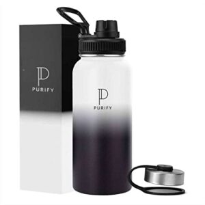 purify sports water bottle – 32oz, 2 lids (open lid), leak proof, vacuum insulated stainless steel, double walled, thermo mug, metal canteen
