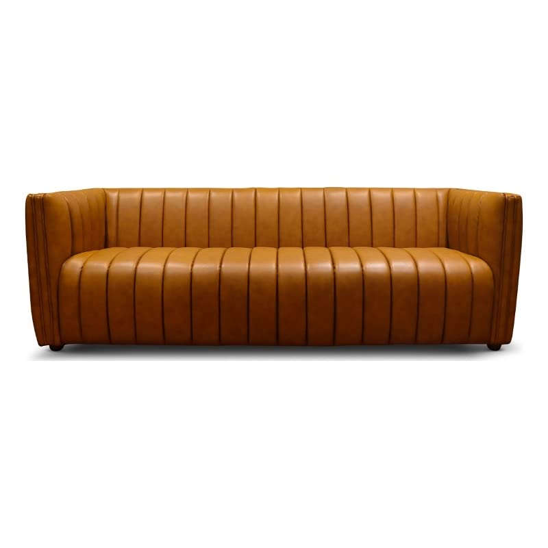 Ashcroft Furniture Co Rasem Mid Century Modern Luxry Tight Back Geniune Leather Couch in Cognac Tan