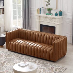 Ashcroft Furniture Co Rasem Mid Century Modern Luxry Tight Back Geniune Leather Couch in Cognac Tan