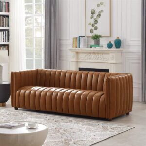 Ashcroft Furniture Co Rasem Mid Century Modern Luxry Tight Back Geniune Leather Couch in Cognac Tan