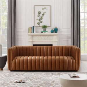 Ashcroft Furniture Co Rasem Mid Century Modern Luxry Tight Back Geniune Leather Couch in Cognac Tan