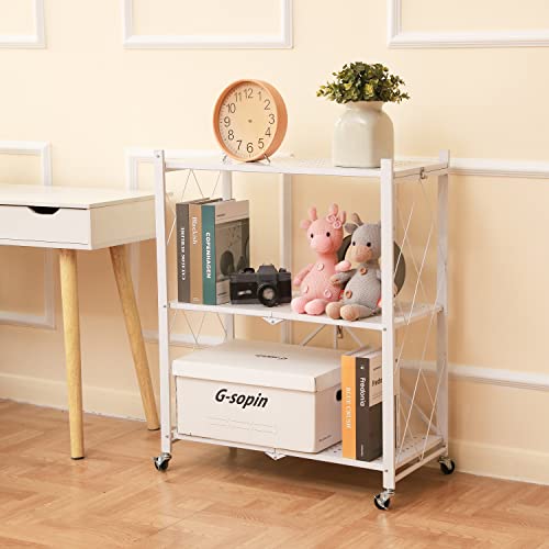 Letusto Heavy Duty Foldable Collapsible Shelf with Wheels with Breaks - Folding Metal Frame Shelving Pantry Organizer System Rack - Shelves with No Assembly Required (White, 3 Tier)