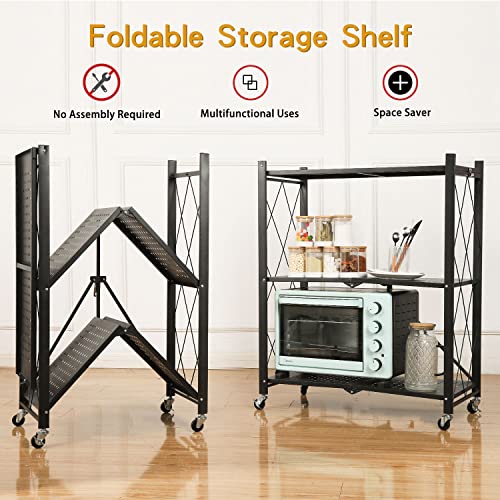 Letusto Heavy Duty Foldable Collapsible Shelf with Wheels with Breaks - Folding Metal Frame Shelving Pantry Organizer System Rack - Shelves with No Assembly Required (White, 3 Tier)