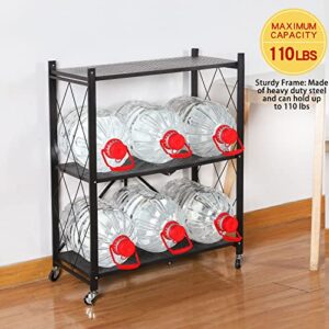 Letusto Heavy Duty Foldable Collapsible Shelf with Wheels with Breaks - Folding Metal Frame Shelving Pantry Organizer System Rack - Shelves with No Assembly Required (White, 3 Tier)