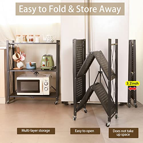 Letusto Heavy Duty Foldable Collapsible Shelf with Wheels with Breaks - Folding Metal Frame Shelving Pantry Organizer System Rack - Shelves with No Assembly Required (White, 3 Tier)