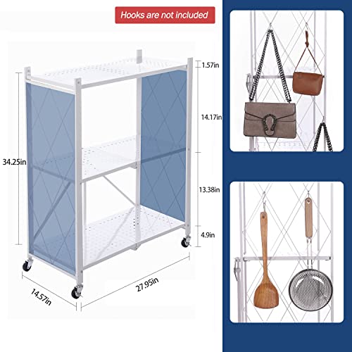 Letusto Heavy Duty Foldable Collapsible Shelf with Wheels with Breaks - Folding Metal Frame Shelving Pantry Organizer System Rack - Shelves with No Assembly Required (White, 3 Tier)