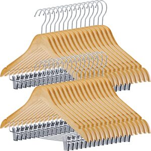 30 pack wooden skirt hangers suit hangers with clips smooth wooden hangers solid wood pant hangers with clips coat hanger with durable adjustable metal clips, 360 degree swivel hooks for clothes dress