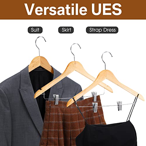 30 Pack Wooden Skirt Hangers Suit Hangers with Clips Smooth Wooden Hangers Solid Wood Pant Hangers with Clips Coat Hanger with Durable Adjustable Metal Clips, 360 Degree Swivel Hooks for Clothes Dress