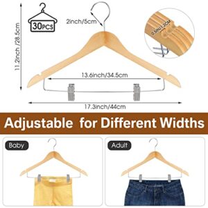 30 Pack Wooden Skirt Hangers Suit Hangers with Clips Smooth Wooden Hangers Solid Wood Pant Hangers with Clips Coat Hanger with Durable Adjustable Metal Clips, 360 Degree Swivel Hooks for Clothes Dress