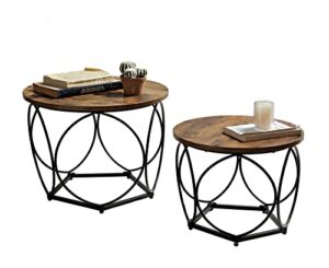 round coffee table, modern coffee table set of 2 wooden surface with metal frame, small side table, end table for living room, bedroom, home office, farmhouse, rustic brown and black