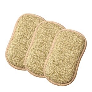 DEFUTAY 3 PCS Kitchen Scrub Sponge, Heavy Duty Scouring Pads, Washing Up Cleaner,Household Cleaning Wash Cloth with Adhesive Hooks（Brown）