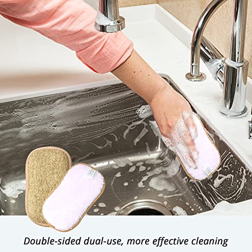 DEFUTAY 3 PCS Kitchen Scrub Sponge, Heavy Duty Scouring Pads, Washing Up Cleaner,Household Cleaning Wash Cloth with Adhesive Hooks（Brown）