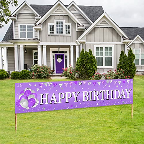 Purple and Silver Happy Birthday Banner Decorations for Women Girl, Purple silver Happy Birthday Yard Banner Party Supplies, 10th 16th 21st 30th 40th 50th 60th 70th 80th 90th Bday Sign Outdoor Indoor