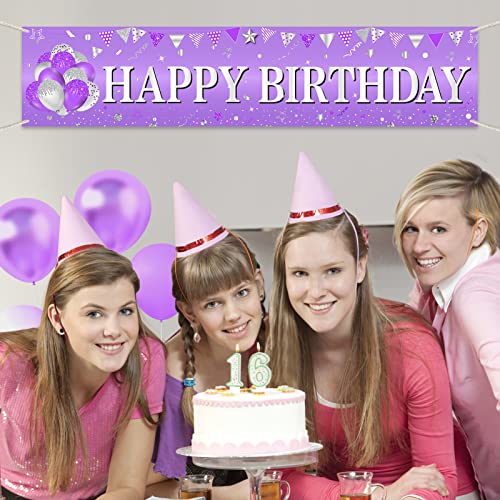 Purple and Silver Happy Birthday Banner Decorations for Women Girl, Purple silver Happy Birthday Yard Banner Party Supplies, 10th 16th 21st 30th 40th 50th 60th 70th 80th 90th Bday Sign Outdoor Indoor