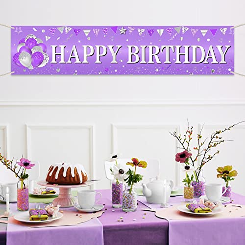 Purple and Silver Happy Birthday Banner Decorations for Women Girl, Purple silver Happy Birthday Yard Banner Party Supplies, 10th 16th 21st 30th 40th 50th 60th 70th 80th 90th Bday Sign Outdoor Indoor