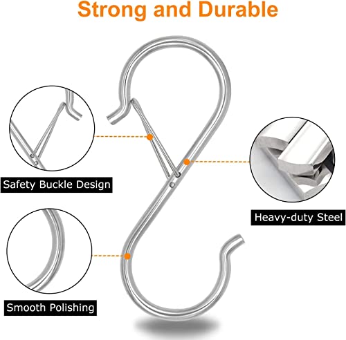 8 Pack Heavy Duty S Hooks Stainless Steel S Shaped Hooks Hanging Hangers for Kitchenware Spoons Pans Pots Utensils Clothes Bags Towers Tools Plants Heavy Duty Rustproof Safety Buckle Design (Silver)