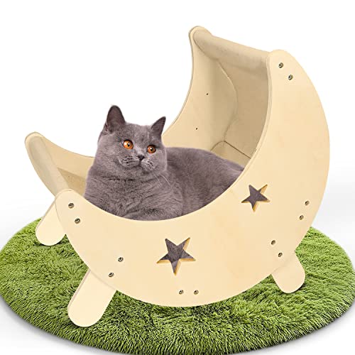 VOOTTOU Cat Hammock, Cat and Dog Moon Hammock Bed Cat Furniture for Indoor Cats, Wooden Elevated Cooling Pet Bed for Cats and Small Dogs, Modern Cat Bed Furniture Cat Shelf, Gift for Cat