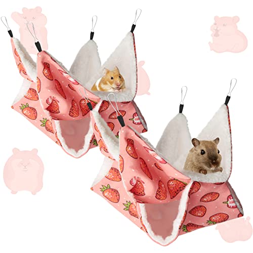 Bonjin Pet Small Animal Hanging Hammock, Ferret Squirrel Bunkbed Hammock Cage Toy for Hamster Rat Sugar Glider Parrot Guinea Pig Hideout Play Sleep (Strawberry X 2pcs)