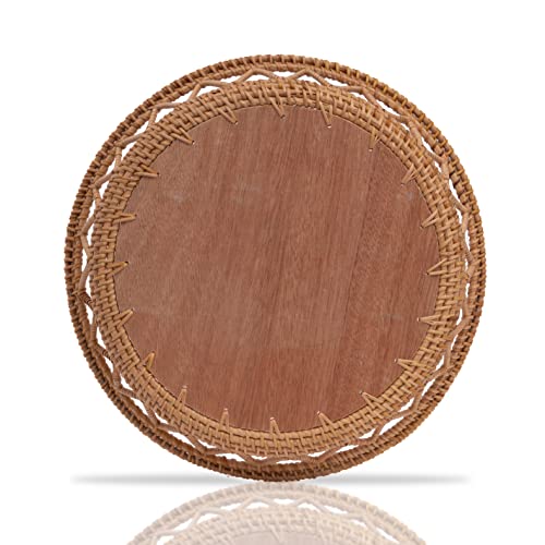 BemiaoCrafts 13" Round Boho Rattan Tray with Wooden Base, Decorative Tray, Rustic Style, Lacquer Serving Basket for Breakfast Food, Round Tray as Coffee Table Decor, Storage and Display