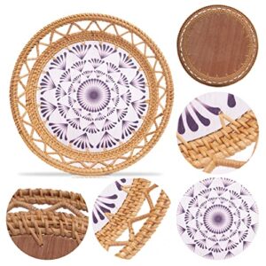 BemiaoCrafts 13" Round Boho Rattan Tray with Wooden Base, Decorative Tray, Rustic Style, Lacquer Serving Basket for Breakfast Food, Round Tray as Coffee Table Decor, Storage and Display