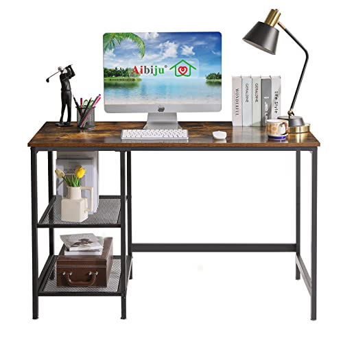 Aibiju Computer Desk with Storage Shelf on The Left or Right, Home Office Study Writing Small Desk 47 Inch Industrial Modern Simple Wood Desk Easy to Assemble, Max Load 150lbs, Brown YD-TMJ33MH