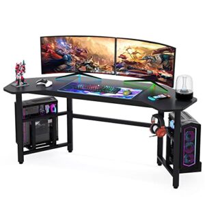 tribesigns gaming desk, ergonomic gaming computer desk, 66.5 inch large wing-shaped studio workstation pc desk gamer table with hoster holder headphone hook for live, streamer, home office, black