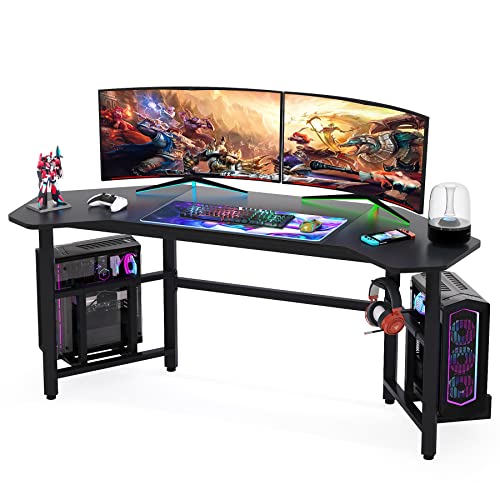 Tribesigns Gaming Desk, Ergonomic Gaming Computer Desk, 66.5 inch Large Wing-Shaped Studio Workstation Pc Desk Gamer Table with Hoster Holder Headphone Hook for Live, Streamer, Home Office, Black