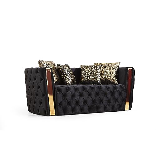 Galaxy Home Furnishings Naomi Button Tufted Loveseat with Velvet Fabric and Gold Accent in Black