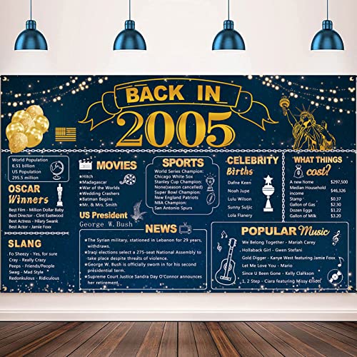 DARUNAXY 18th Birthday Blue Gold Party Decoration for Boy, Blue Back in 2005 Banner for Girls 18 Years Old Birthday Party Poster Supplies Vintage 2005 Backdrop Background 18th Class Reunion for Men