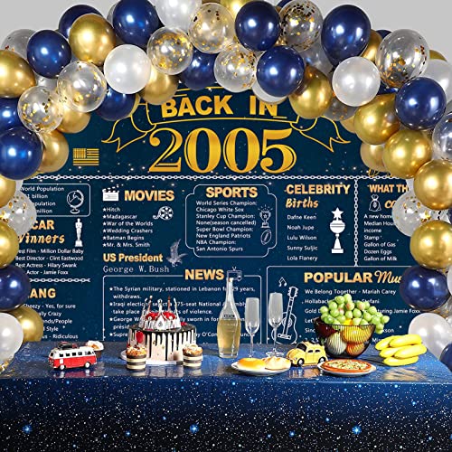 DARUNAXY 18th Birthday Blue Gold Party Decoration for Boy, Blue Back in 2005 Banner for Girls 18 Years Old Birthday Party Poster Supplies Vintage 2005 Backdrop Background 18th Class Reunion for Men