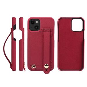 hanatora h6-14-red iphone 14 case, handy hard case, pu leather, shockproof, stand function, handy belt, handmade strap holes, strap ring, card pocket, red, scarlet