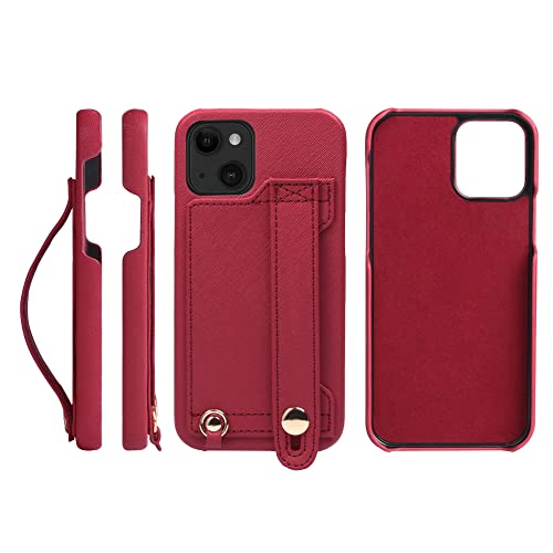 Hanatora H6-14-Red iPhone 14 Case, Handy Hard Case, PU Leather, Shockproof, Stand Function, Handy Belt, Handmade Strap Holes, Strap Ring, Card Pocket, Red, Scarlet