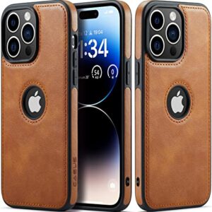 Casus Designed for iPhone 14 Pro Case Vegan Leather Slim Logo View Classic Luxury Elegant Thin Protective Cover (2022) 6.1" (Brown)