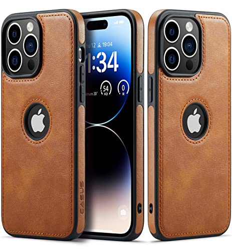 Casus Designed for iPhone 14 Pro Case Vegan Leather Slim Logo View Classic Luxury Elegant Thin Protective Cover (2022) 6.1" (Brown)