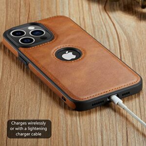 Casus Designed for iPhone 14 Pro Case Vegan Leather Slim Logo View Classic Luxury Elegant Thin Protective Cover (2022) 6.1" (Brown)