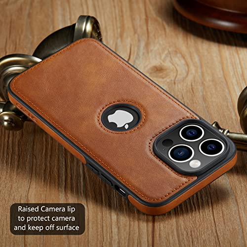 Casus Designed for iPhone 14 Pro Case Vegan Leather Slim Logo View Classic Luxury Elegant Thin Protective Cover (2022) 6.1" (Brown)