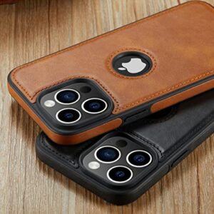 Casus Designed for iPhone 14 Pro Case Vegan Leather Slim Logo View Classic Luxury Elegant Thin Protective Cover (2022) 6.1" (Brown)