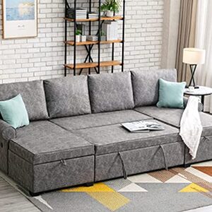 Merax Sectional Sofa Living Room Modern U Shaped Couch with Sleeper Bed, Double Storage Spaces and 2 USB Charging Ports Chaises Longues, Brushed Gray