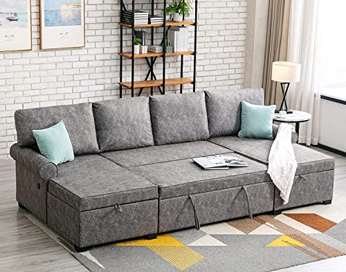 Merax Sectional Sofa Living Room Modern U Shaped Couch with Sleeper Bed, Double Storage Spaces and 2 USB Charging Ports Chaises Longues, Brushed Gray